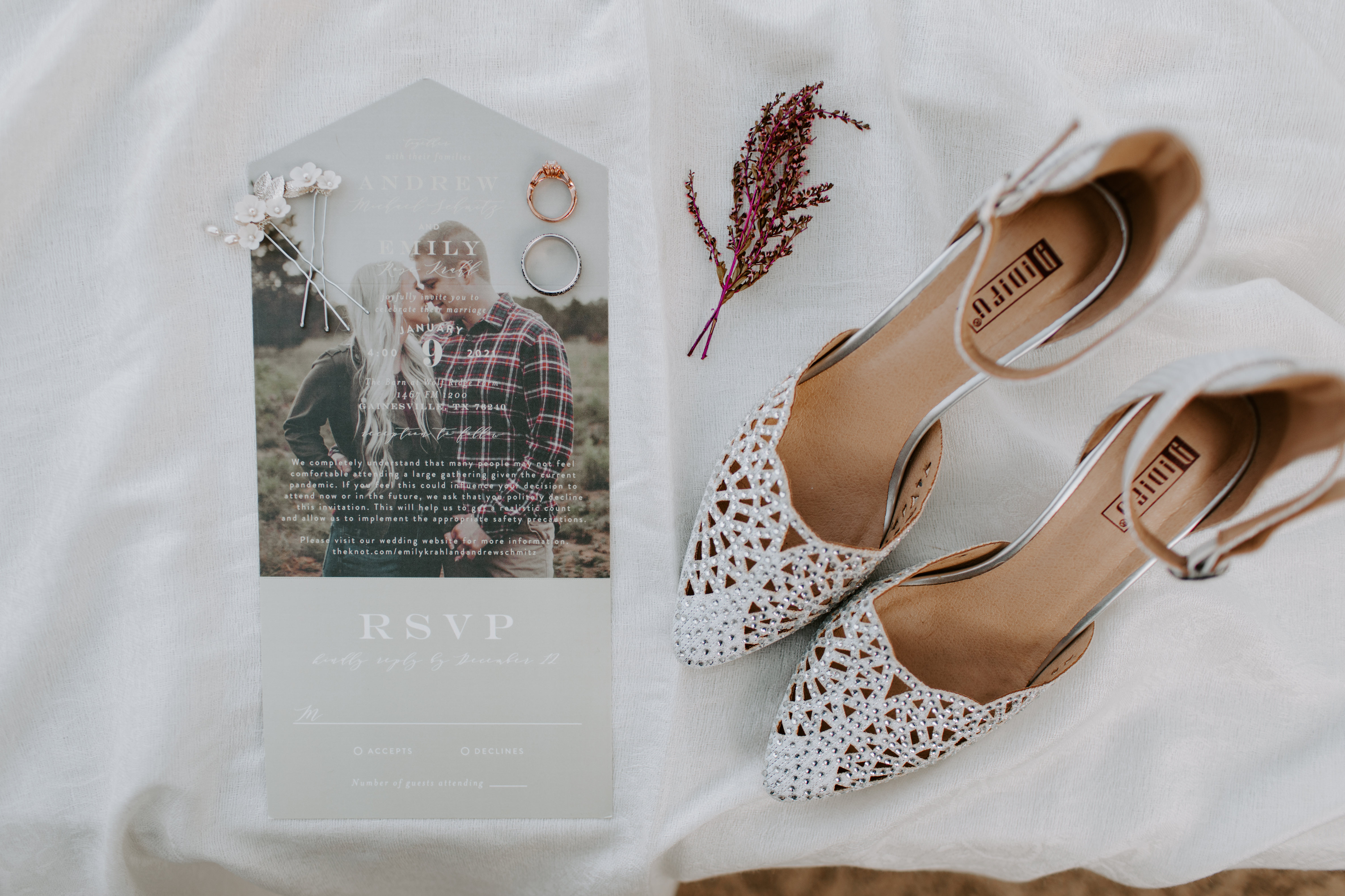 Wedding flatlay shoes invitations rings